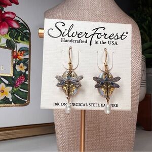 Silver Forest Dragonfly Earrings with Pearl Accents 18k on Surgical Steel